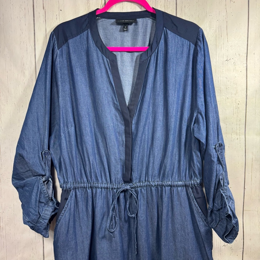 Lane Bryant Chambray Shirt Dress Size 18 Drawstring Waist Minimalist Preppy - Picture 4 of 14